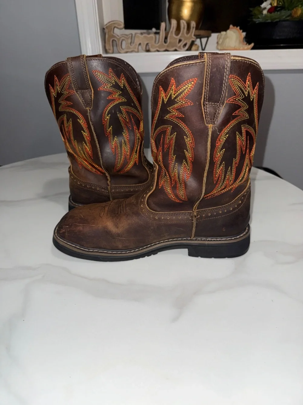 Brown Men's Pull-On Work Boots with Orange Stitching